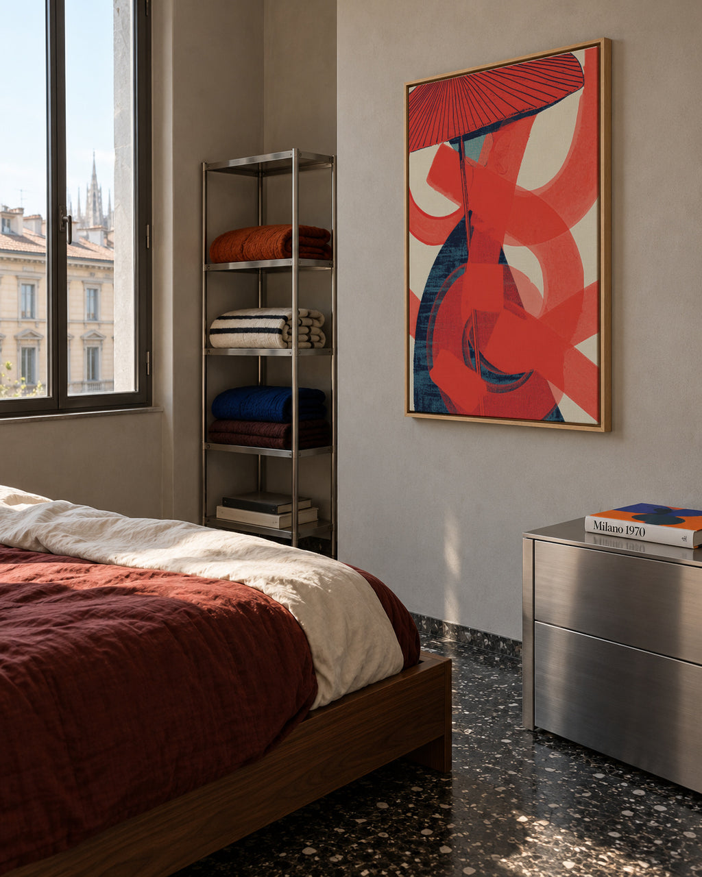 Red Swirl Energy - Framed canvas in an interior