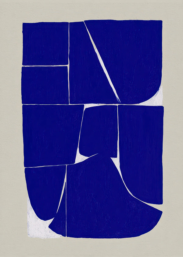 Cuadro geométrico en azul intenso con bloques orgánicos