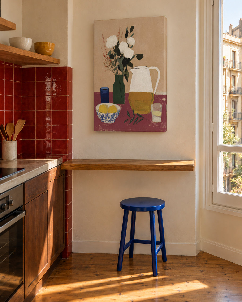 White Flowers & Pitcher I - Unframed canvas in an interior