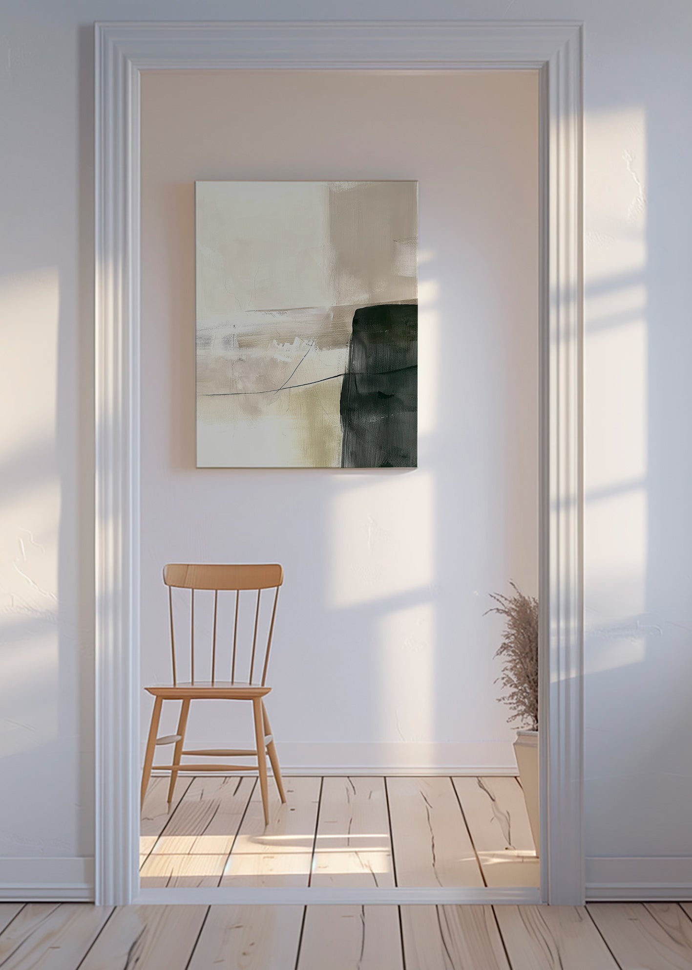 Cuadro abstracto con bloque oscuro y trazos suaves – Canvas