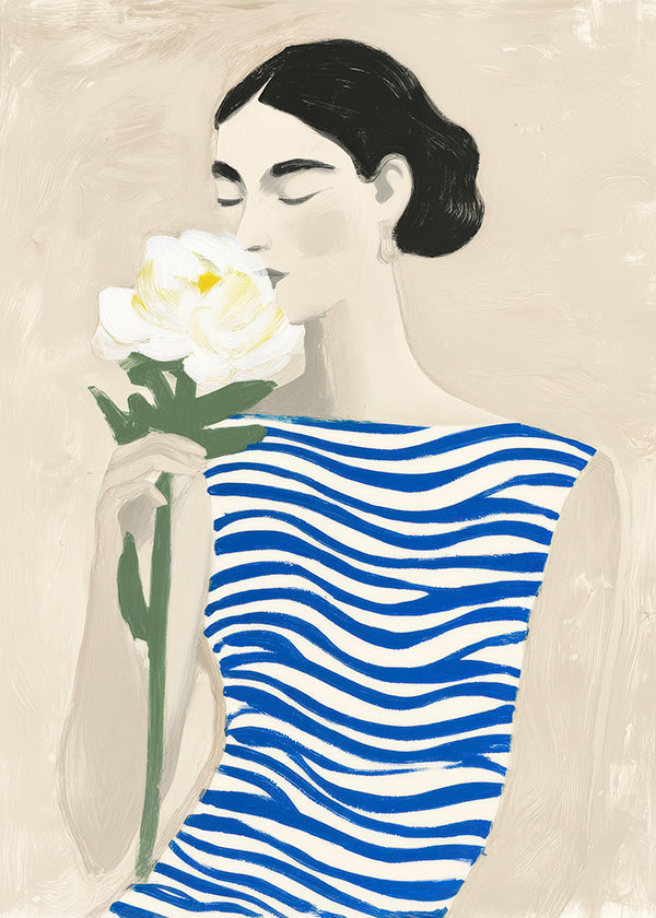 Lámina botánica: mujer con flor y rayas azules