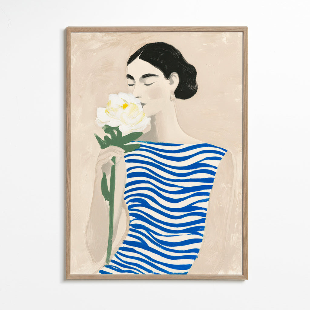 Lámina botánica: mujer con flor y rayas azules – Oak Frame