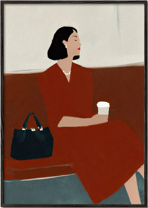 Cuadro de cocina: mujer con café y bolso – Black Frame