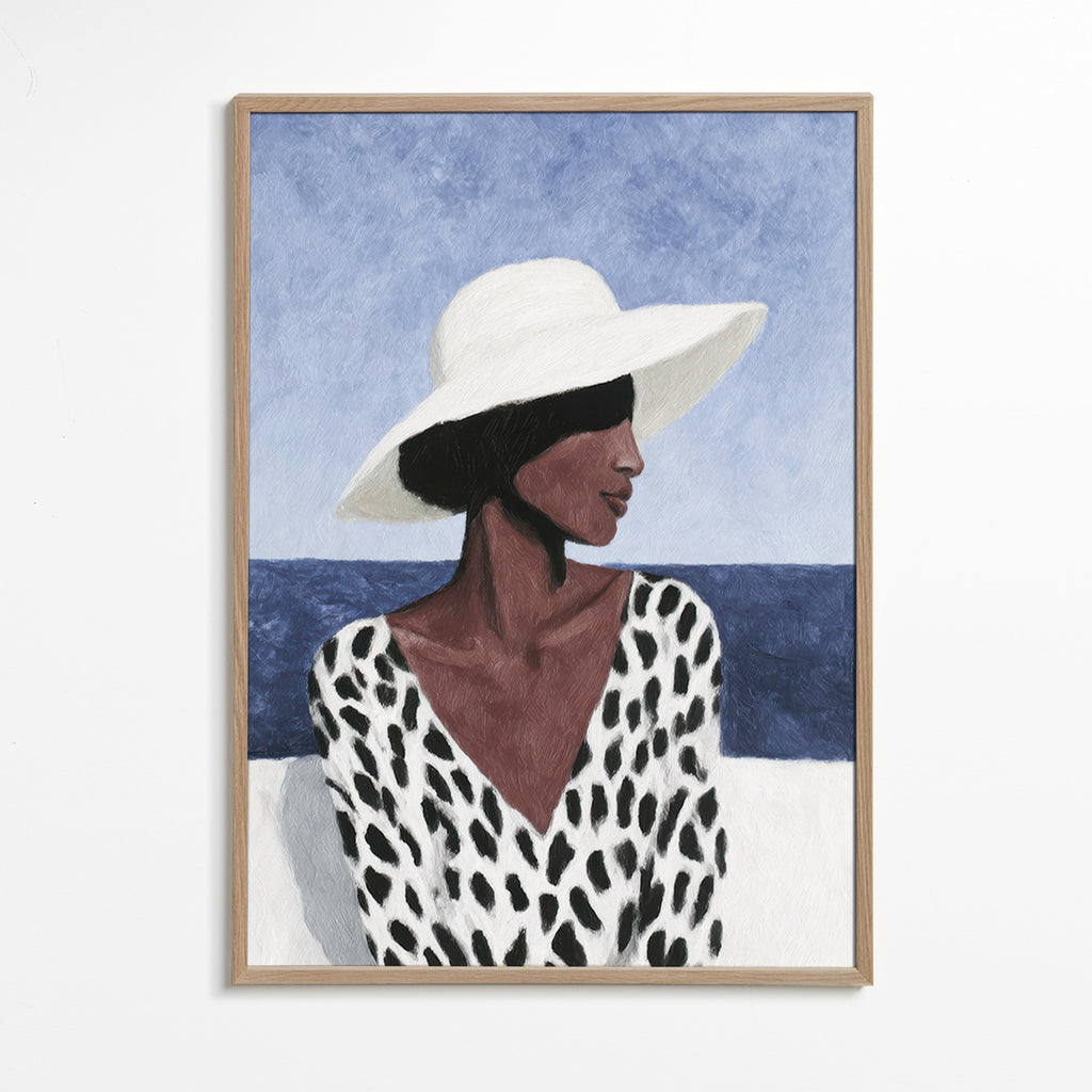Ilustración de mujer con sombrero y mar – Oak Frame