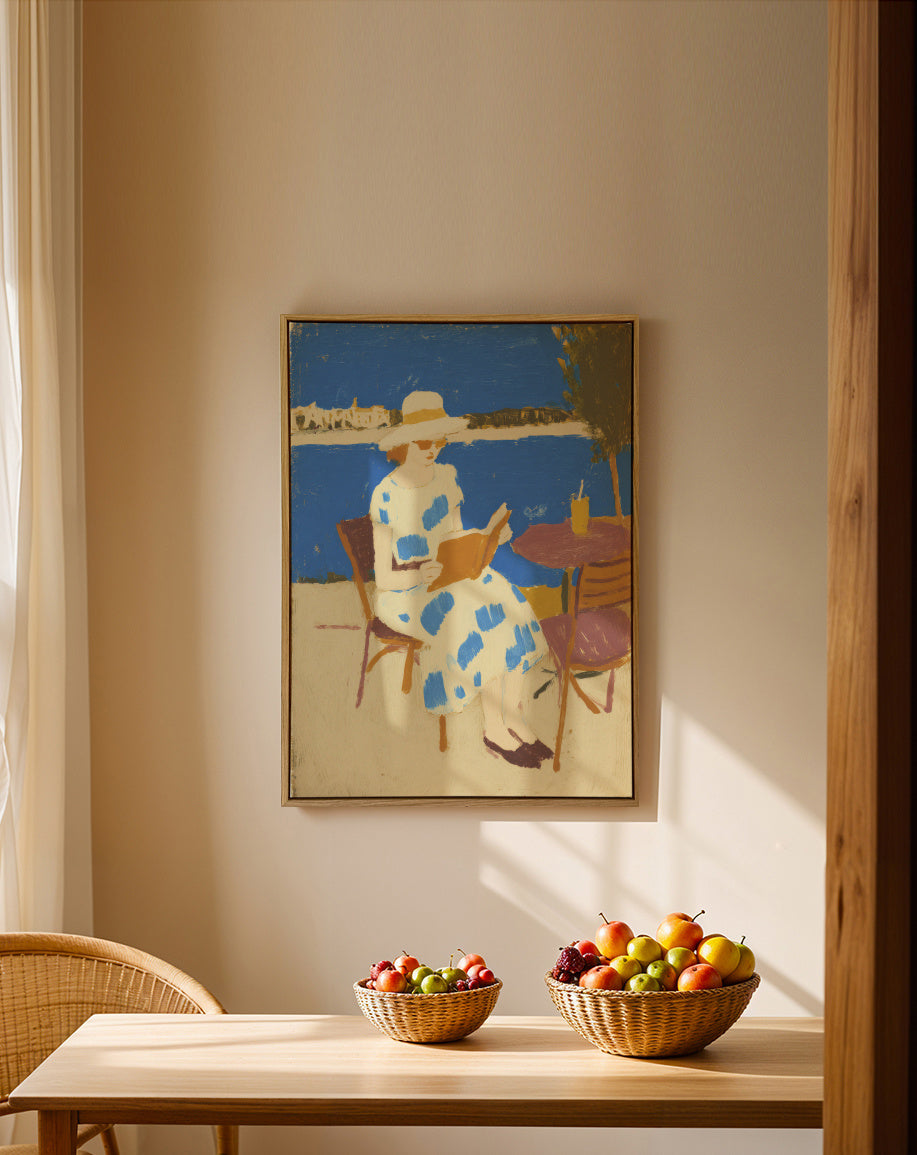 Blue Garden Reader - Framed canvas in an interior