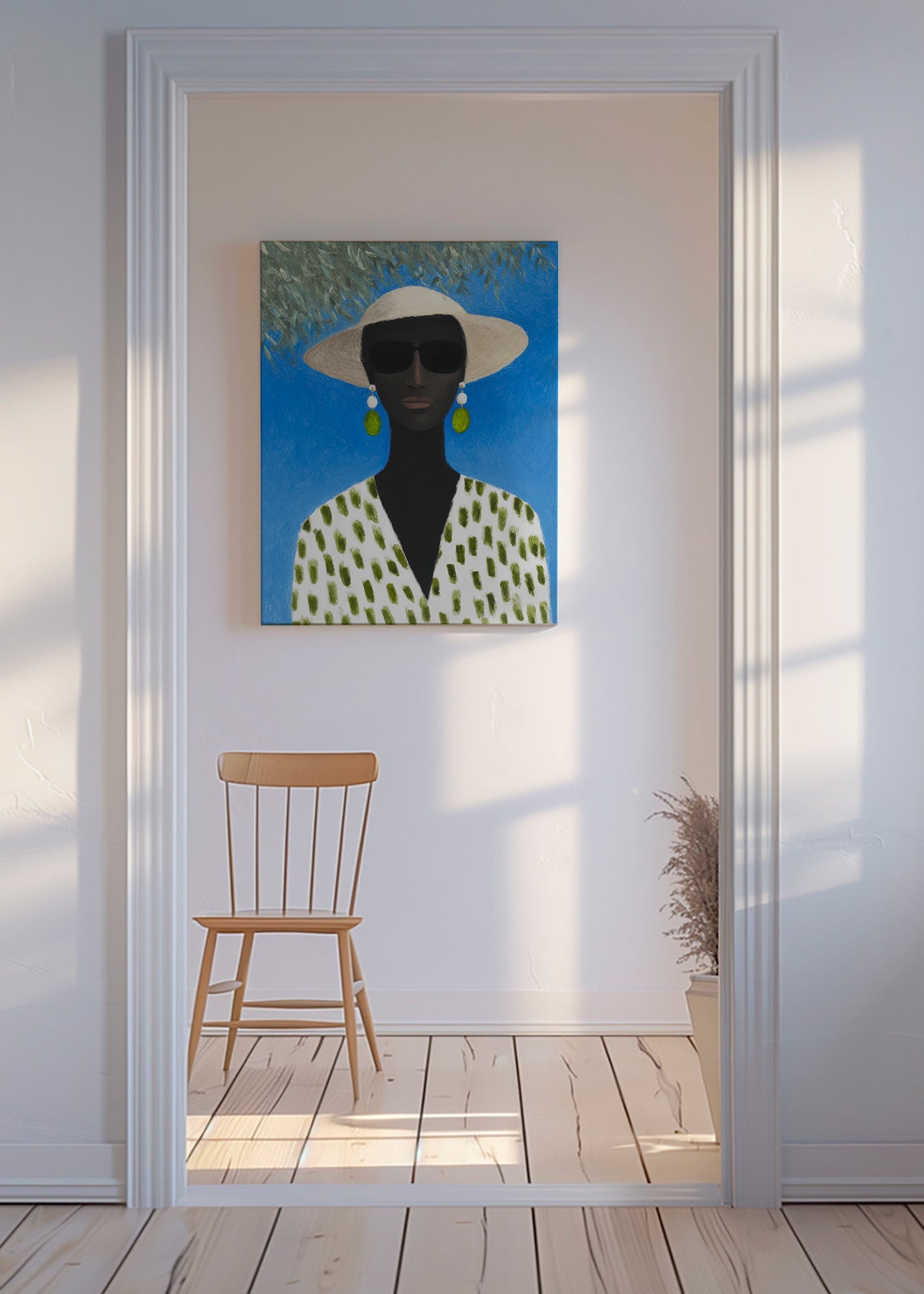 Ilustración femenina con sombrero y patrón verde – Canvas