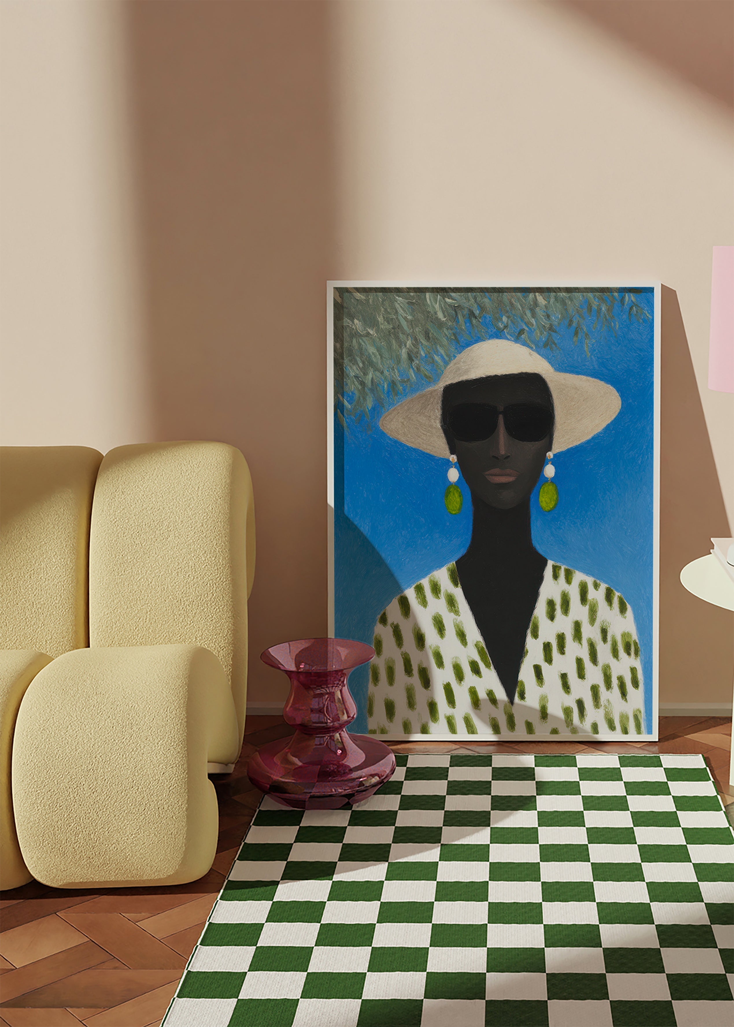 Ilustración femenina con sombrero y patrón verde – Product3