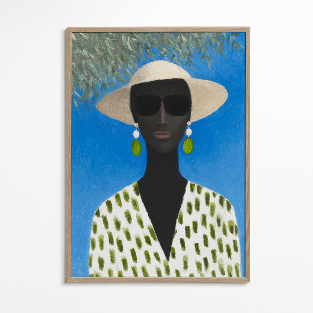 Ilustración femenina con sombrero y patrón verde – Oak Frame