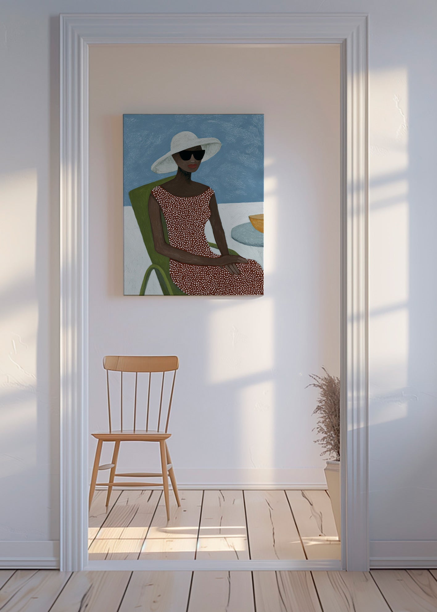 Ilustración femenina con sombrero y silla verde – Canvas