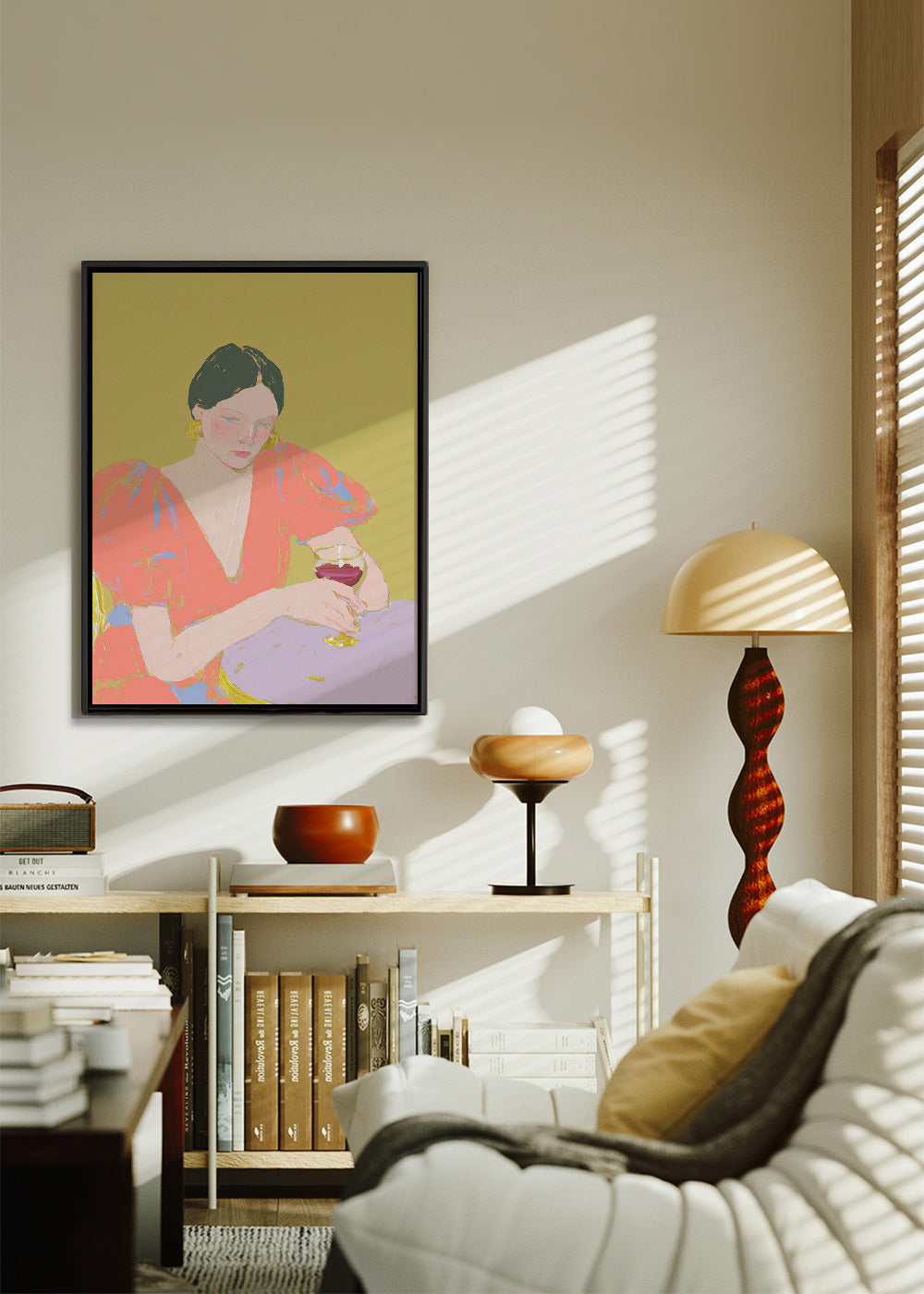 Cuadro de cocina: mujer con copa en tonos pastel – Canvas1