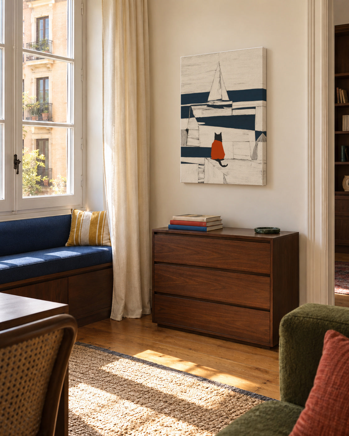 Red Cat at the Harbor - Unframed canvas in an interior