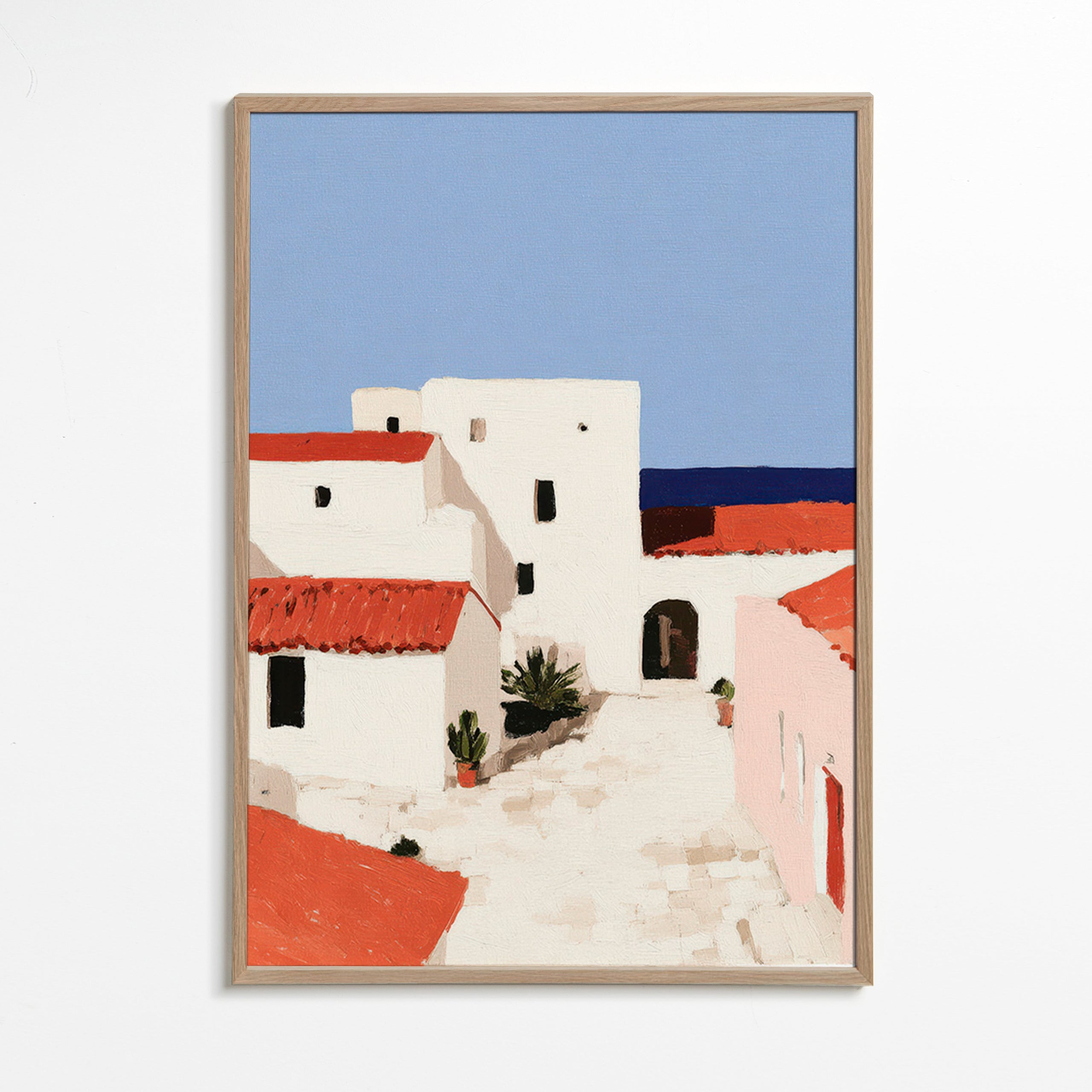 Cuadro de paisaje mediterráneo con tejados rojos – Oak Frame