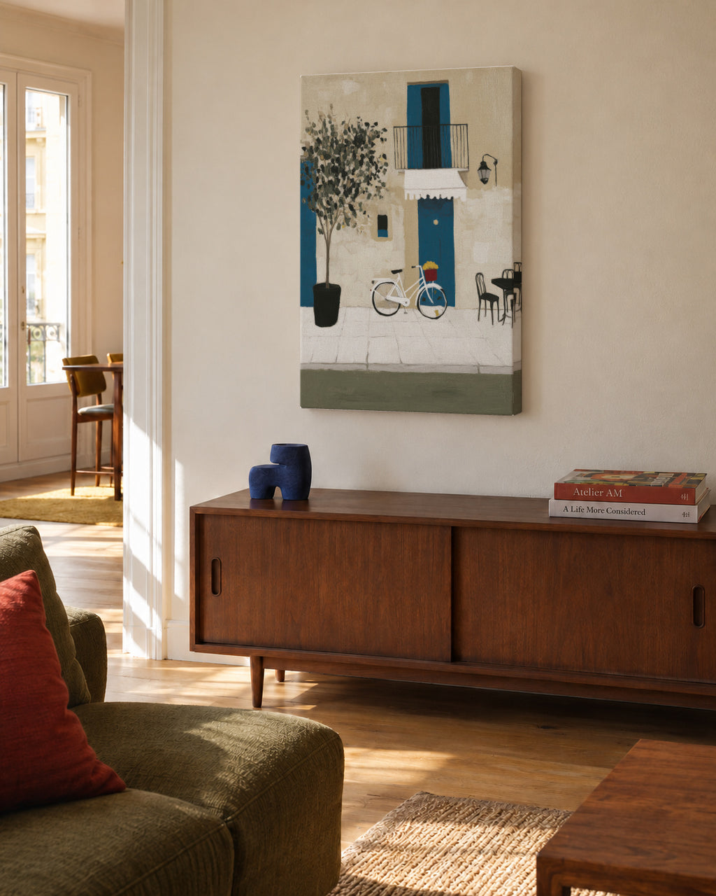 Blue Door Bicycle - Unframed canvas in an interior