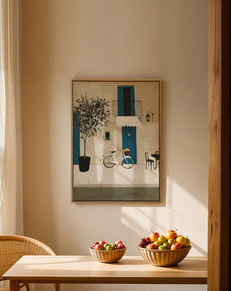Blue Door Bicycle - Framed canvas in an interior