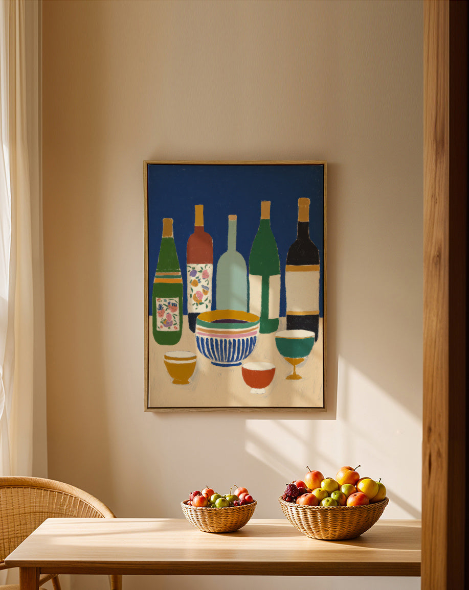 Blue Bottles Still Life - Framed canvas in an interior