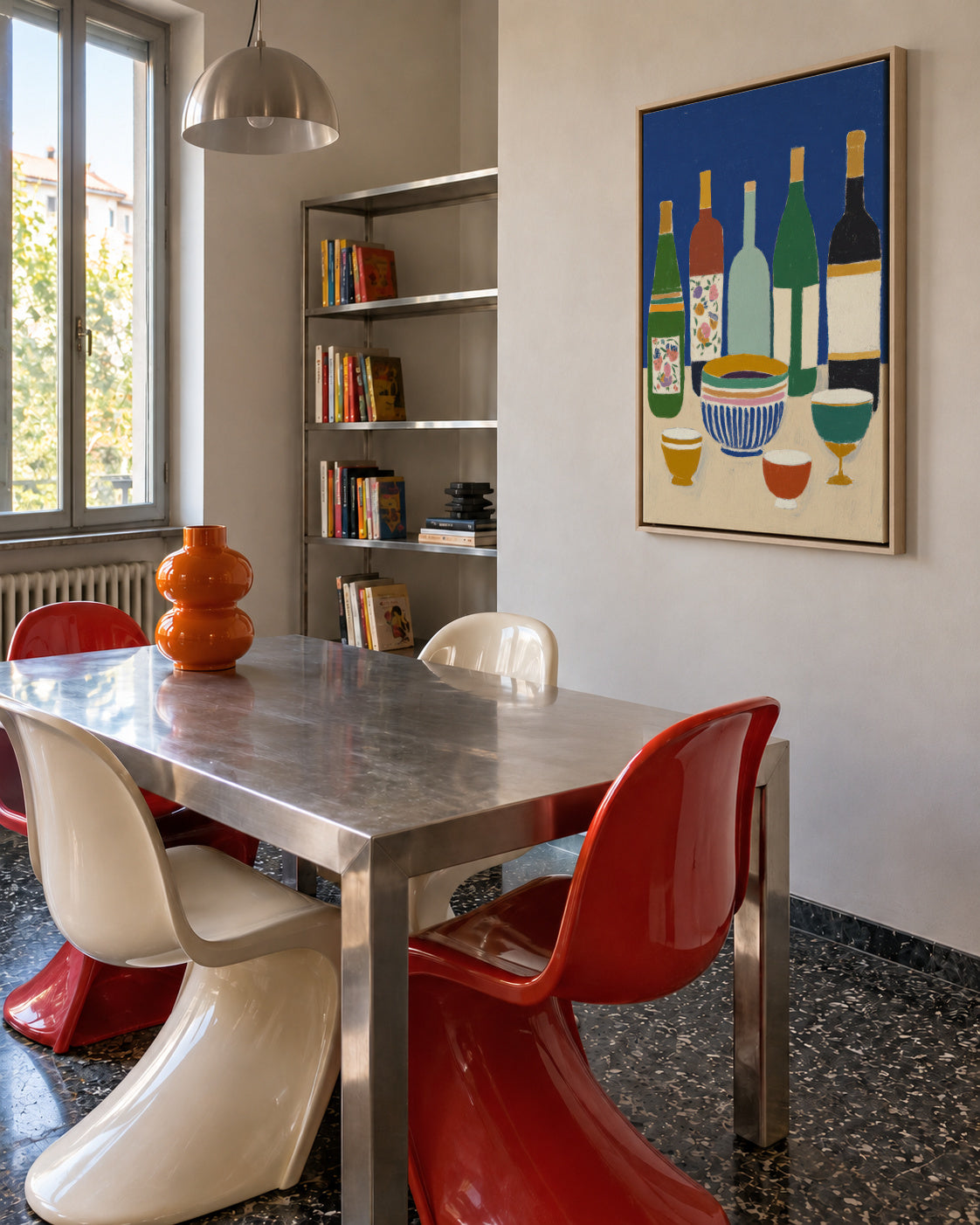 Blue Bottles Still Life - Framed canvas in an interior