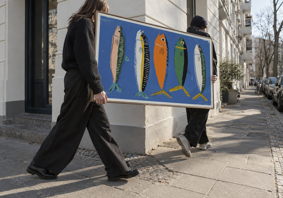 Blue Fish Triptych - Framed canvas in an interior