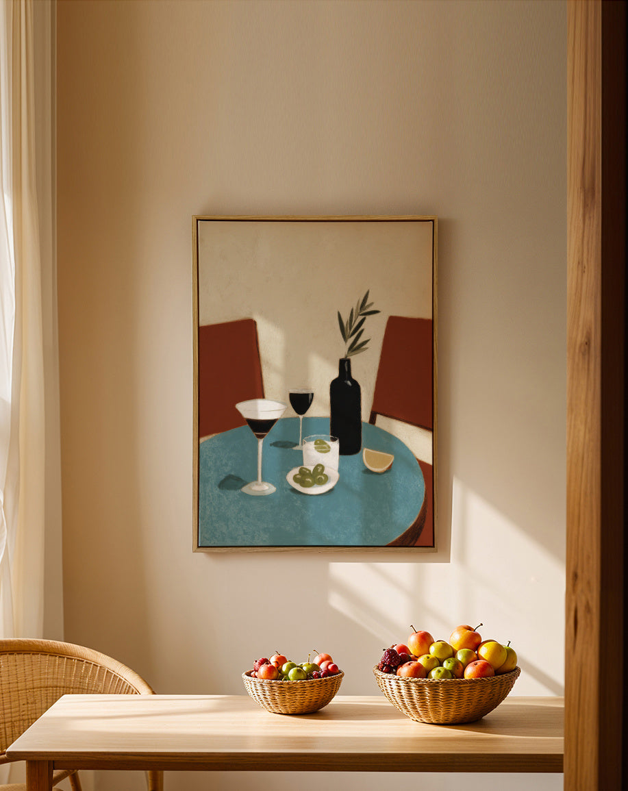 Blue Table Aperitif - Framed canvas in an interior