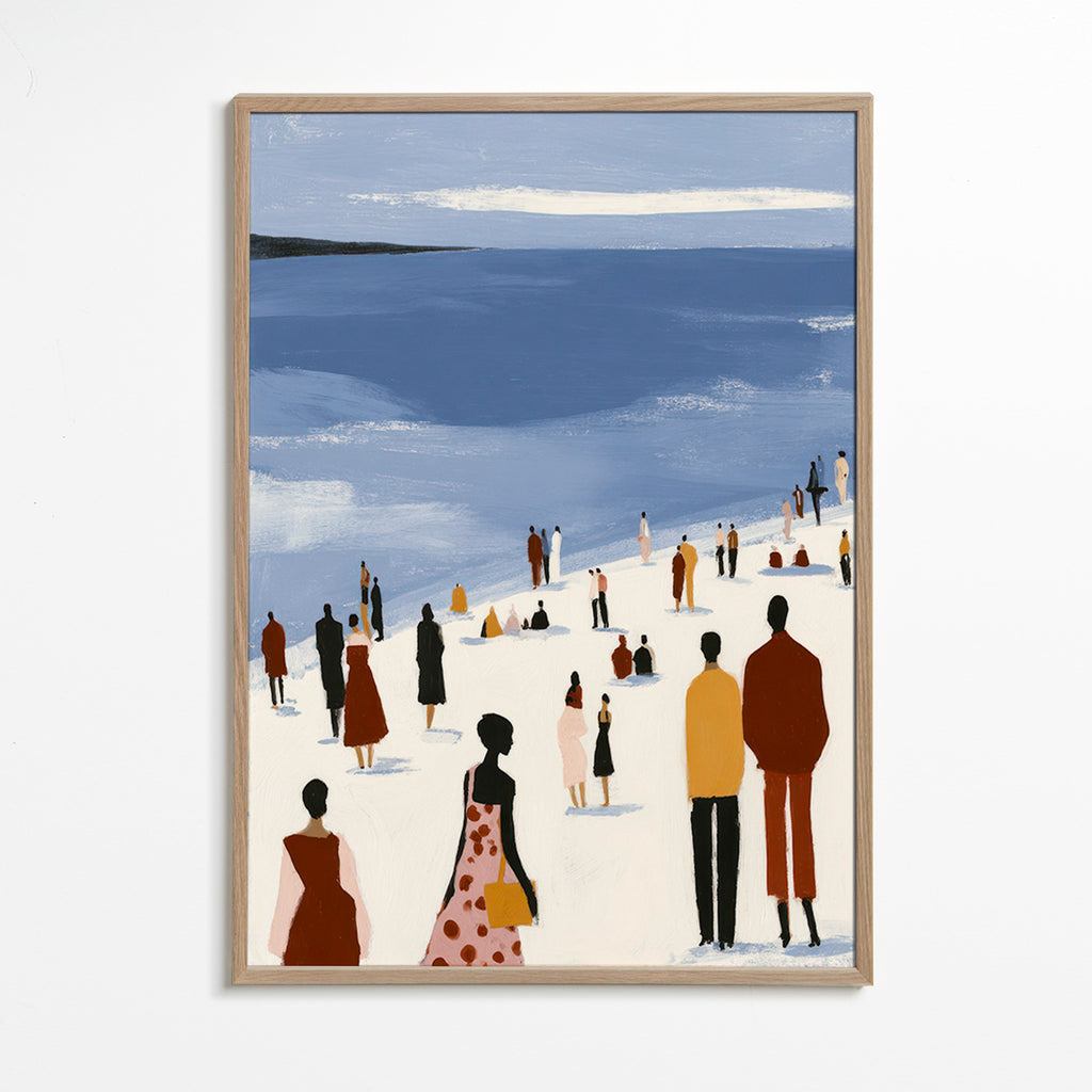 Cuadro de paisaje: playa con figuras estilizadas – Oak Frame