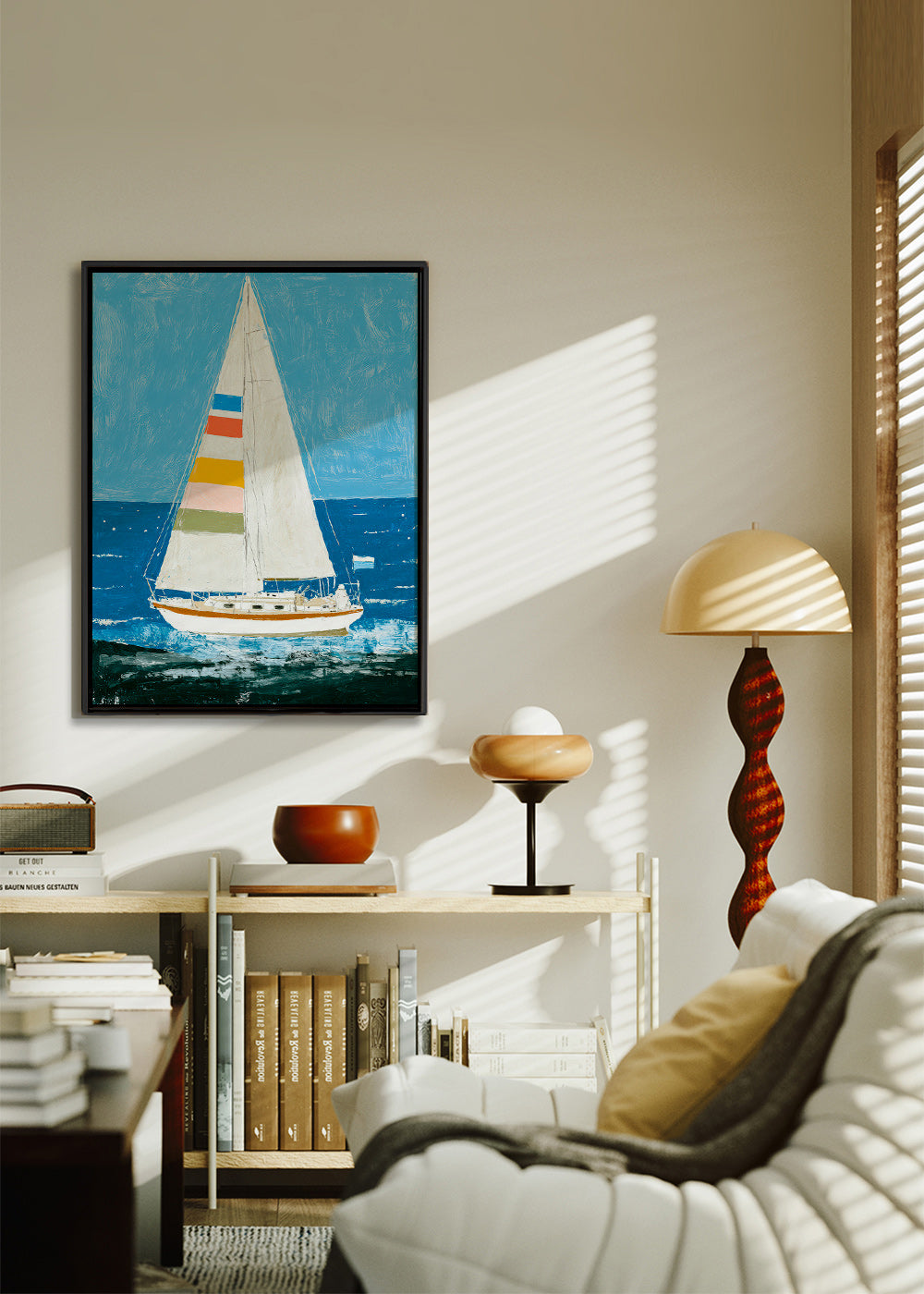 Ilustración: velero con velas de colores – Canvas1