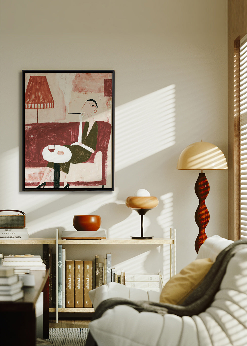 Küchenkunst mit sitzender Figur und Wein