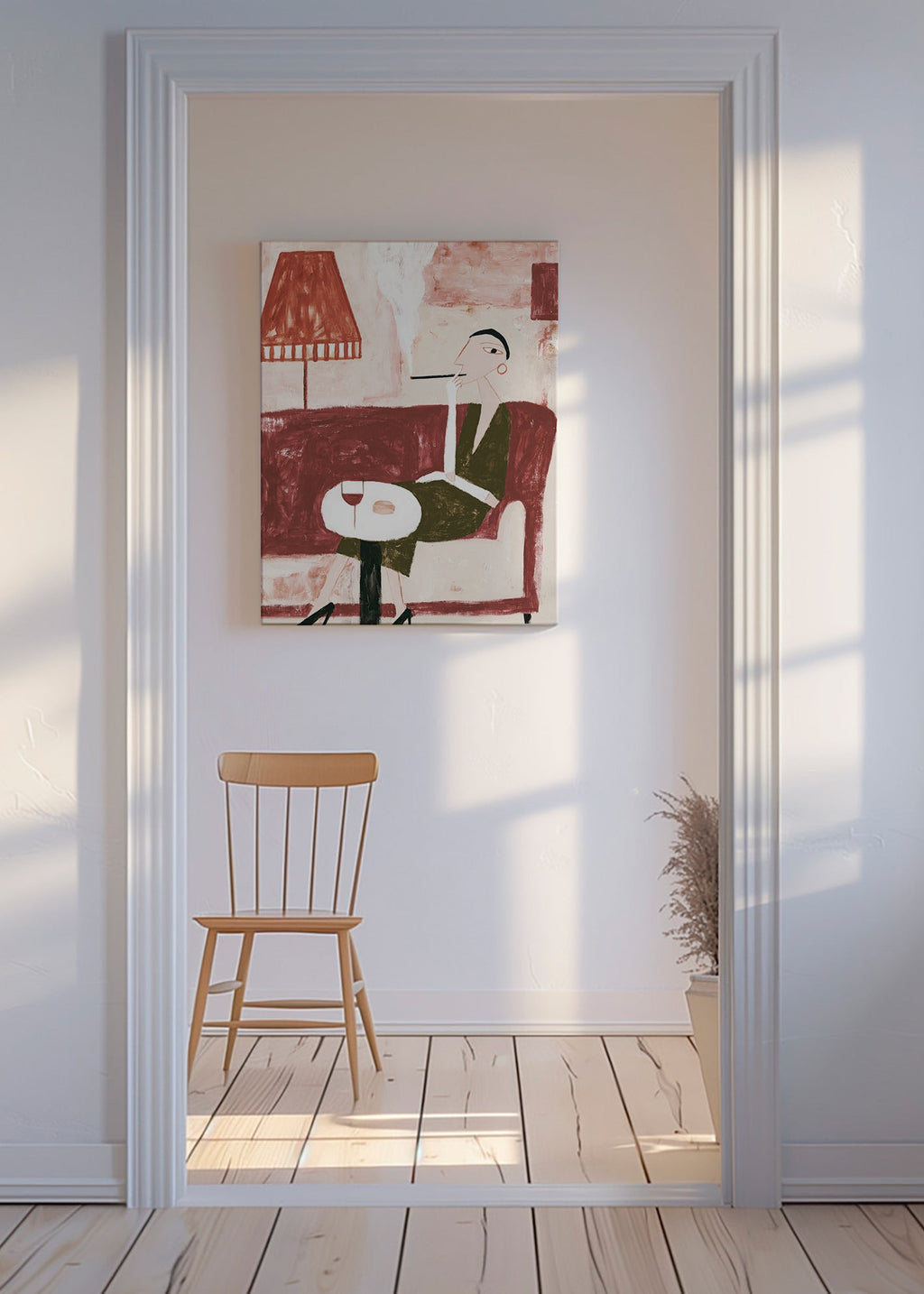 Küchenkunst mit sitzender Figur und Wein