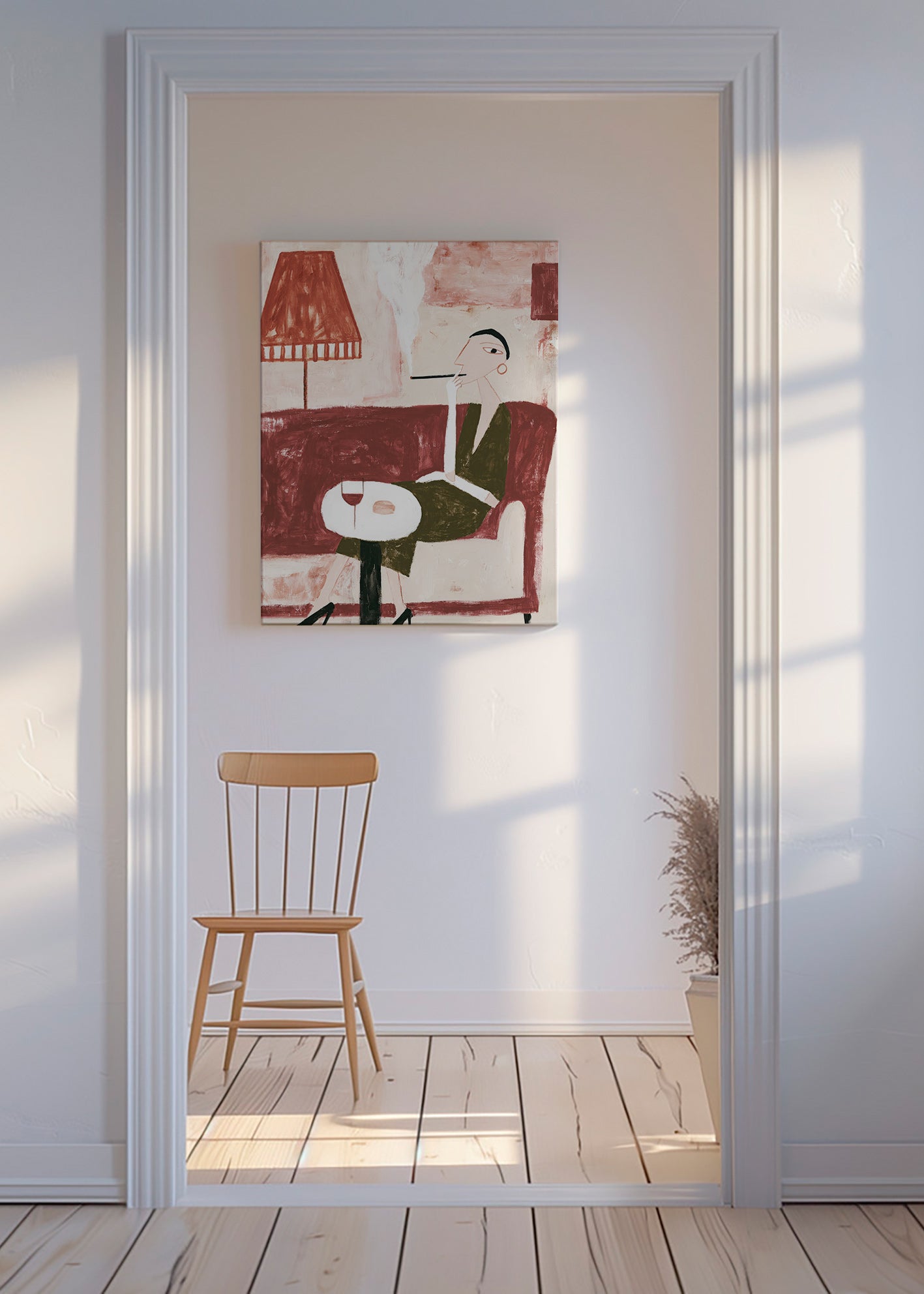 Küchenkunst mit sitzender Figur und Wein