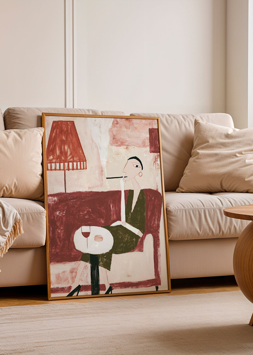 Küchenkunst mit sitzender Figur und Wein