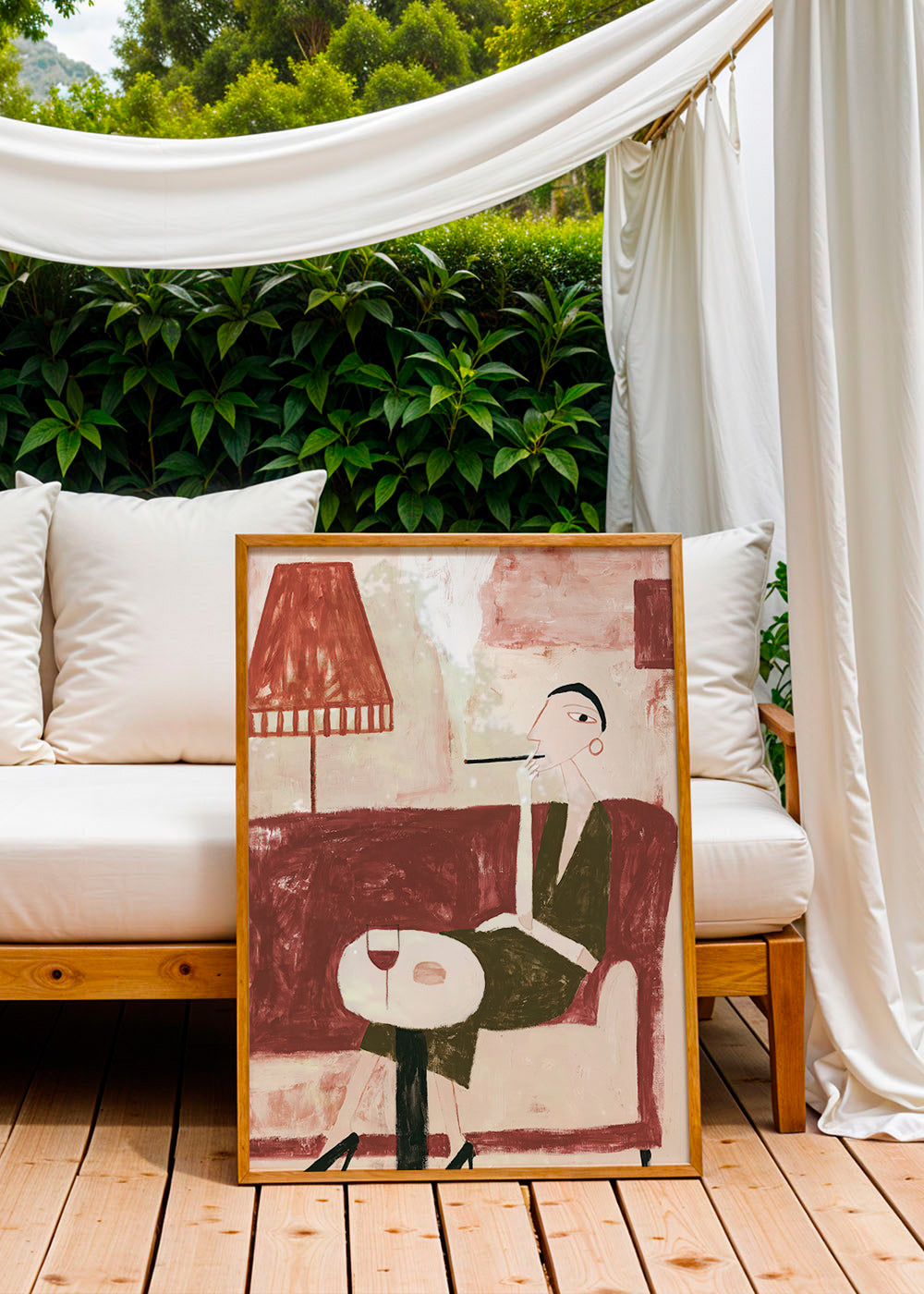 Küchenkunst mit sitzender Figur und Wein