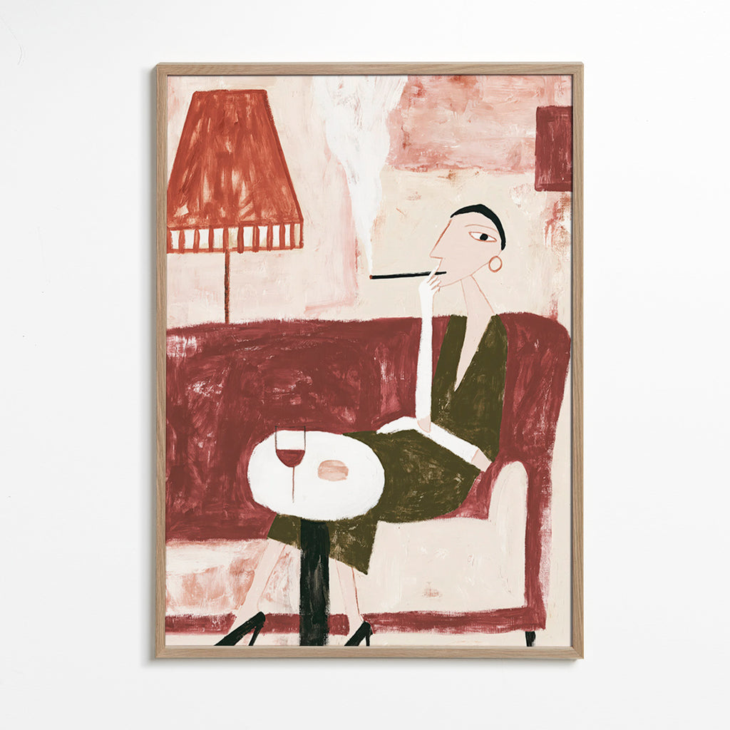 Küchenkunst mit sitzender Figur und Wein