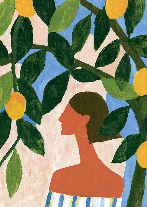 Botanischer Druck: Frauenprofil zwischen Zitronen