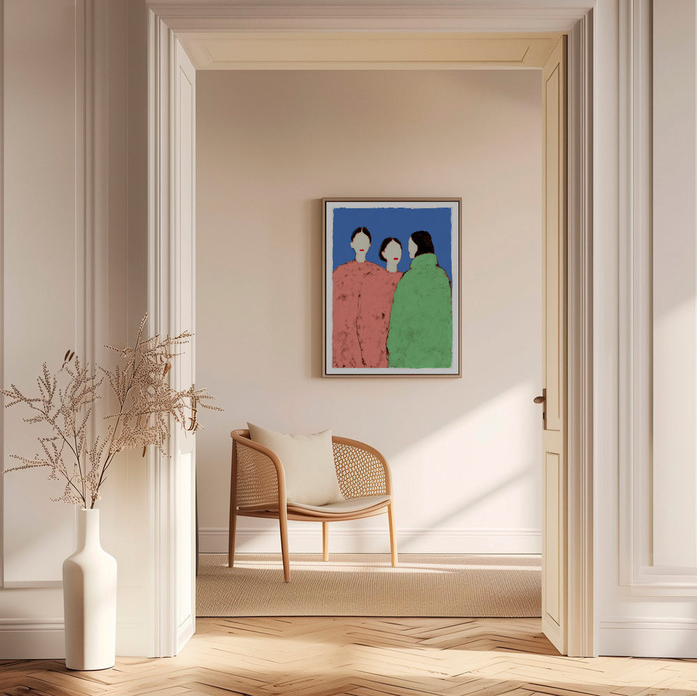 Illustration mit drei stilisierten Figuren auf blauem Hintergrund