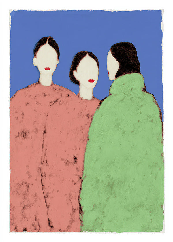 Illustration mit drei stilisierten Figuren auf blauem Hintergrund