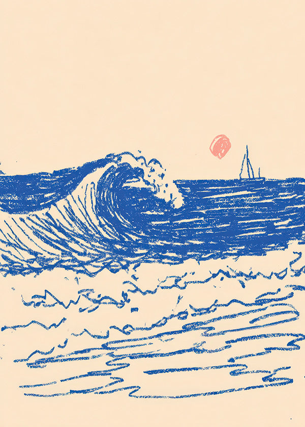 Landschaftskunst mit skizzierter Welle und Segelboot