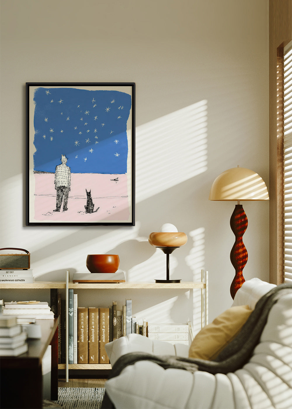 Illustration: Mann und Hund unter Sternen