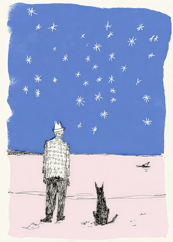 Illustration: Mann und Hund unter Sternen