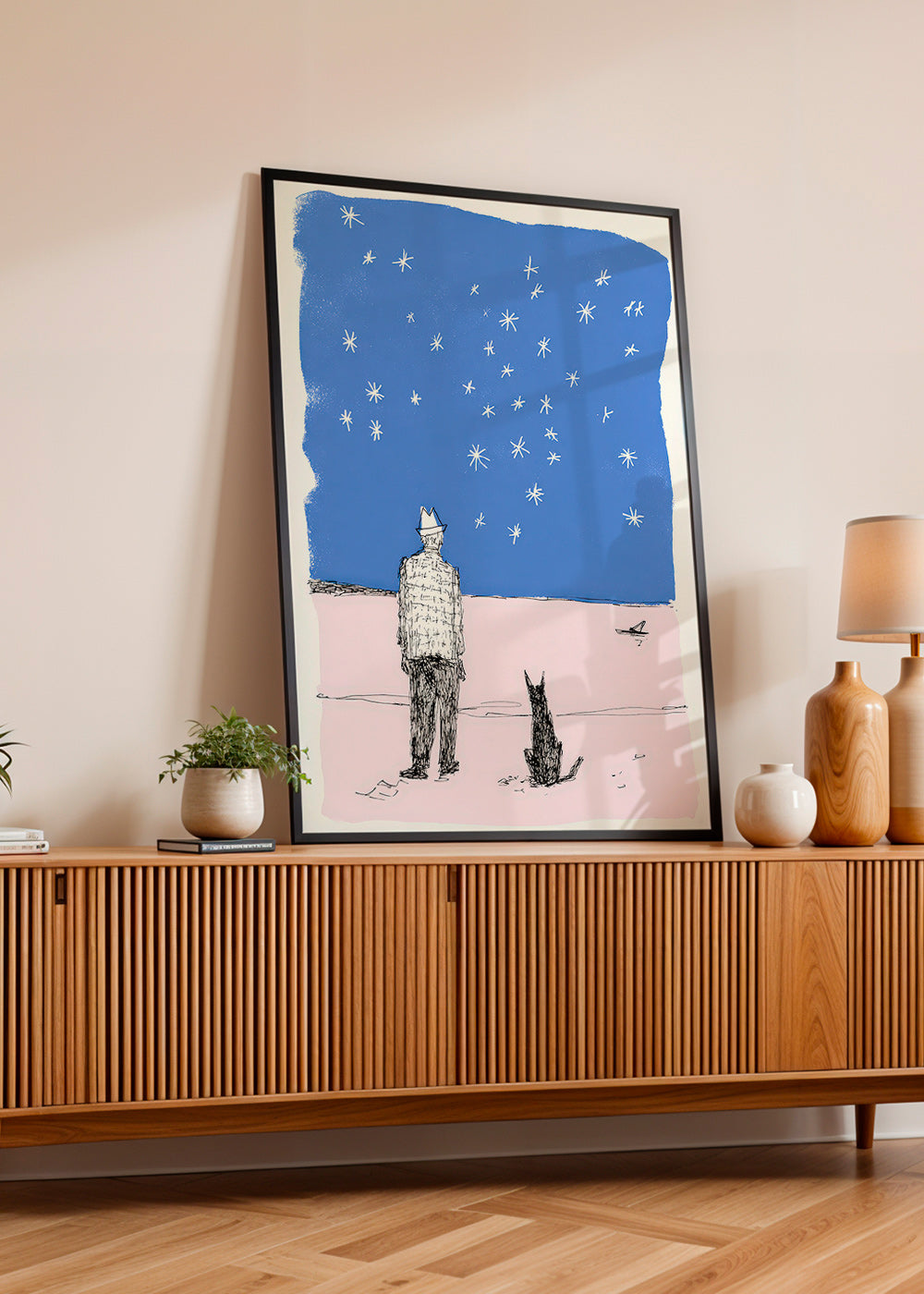 Illustration: Mann und Hund unter Sternen
