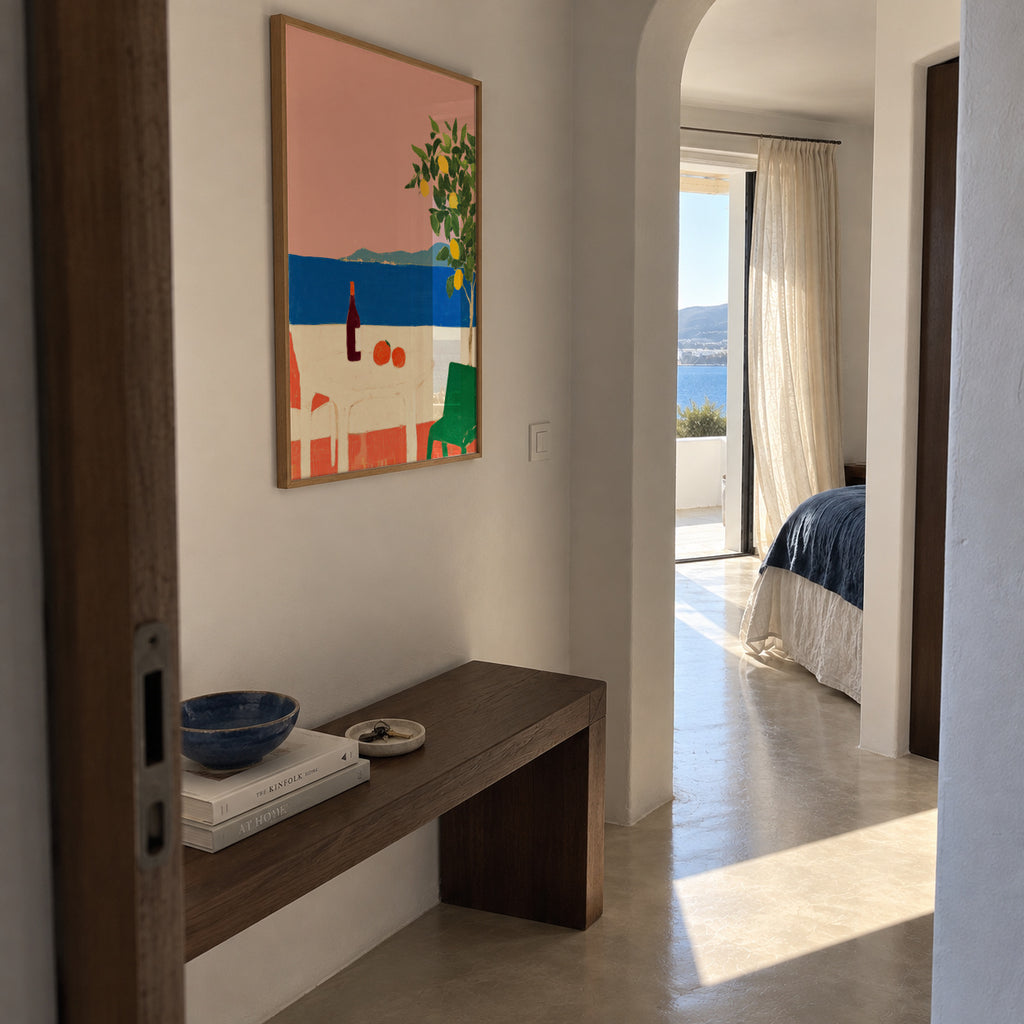 Pink Riviera - Framed poster in an interior