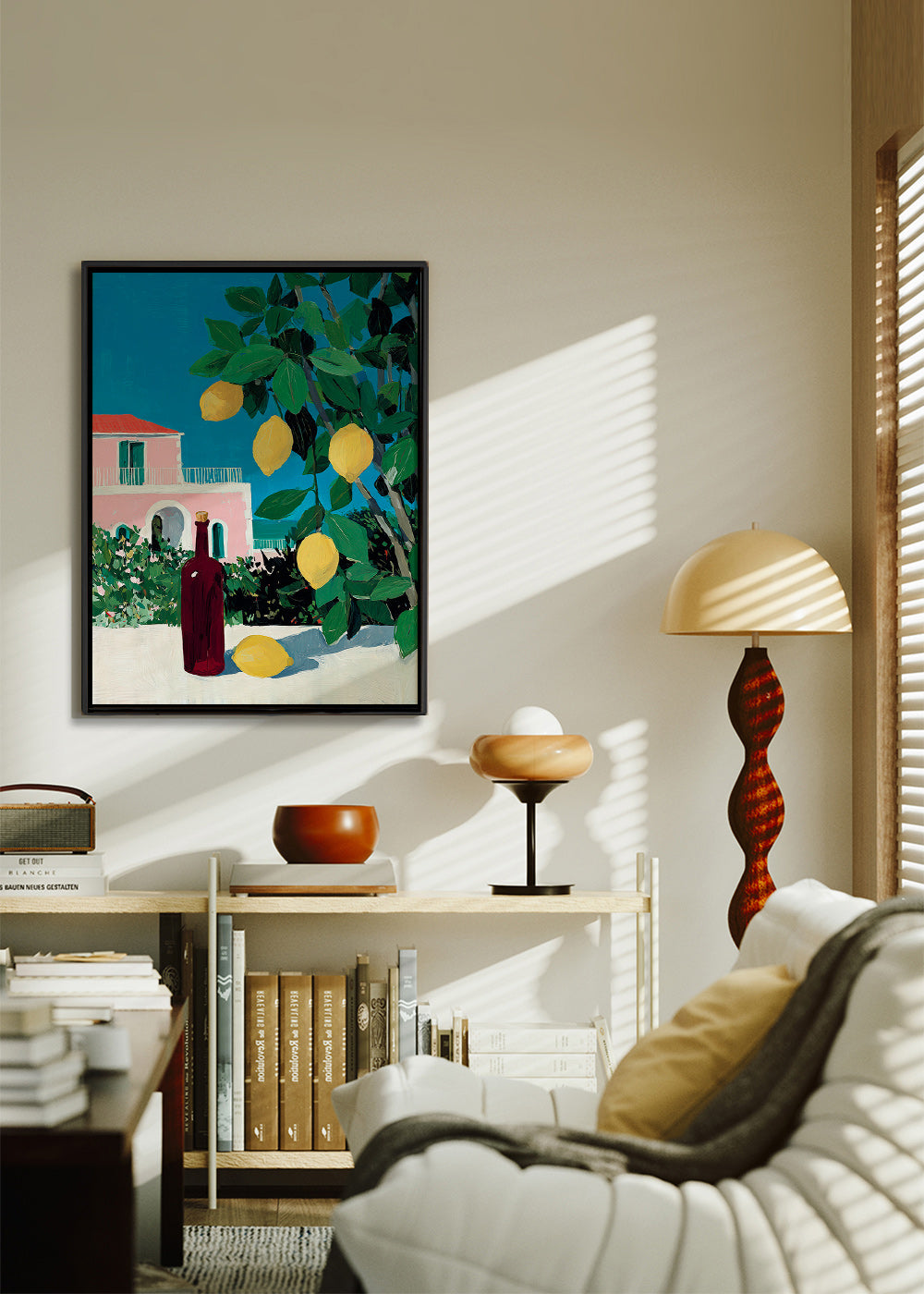 Küchenkunst mit Zitronen und Flasche