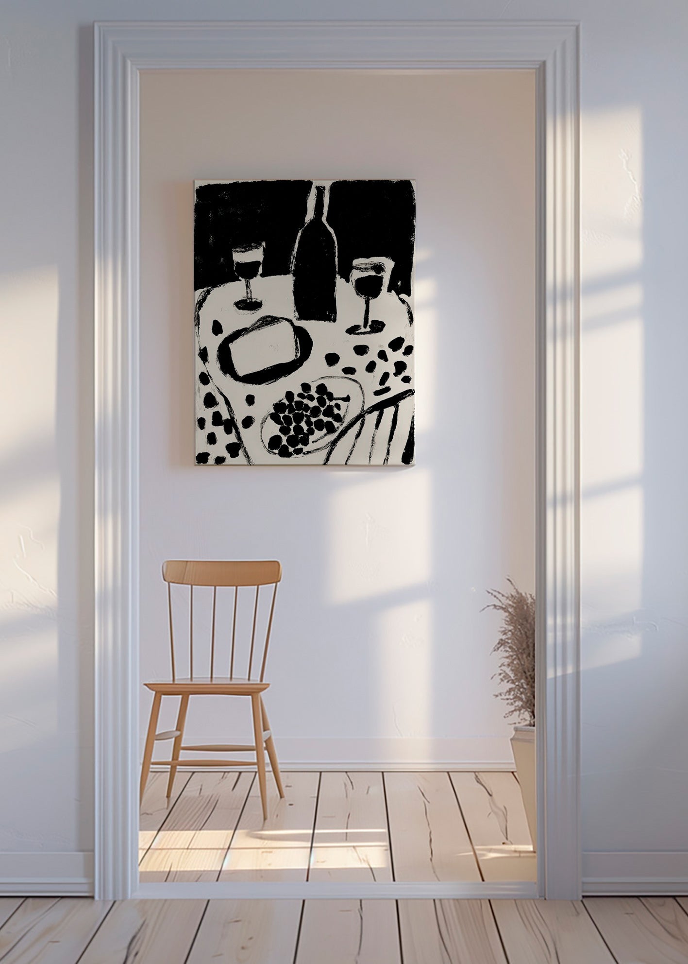 Küchenkunst: Flasche und Trauben in Monochrom