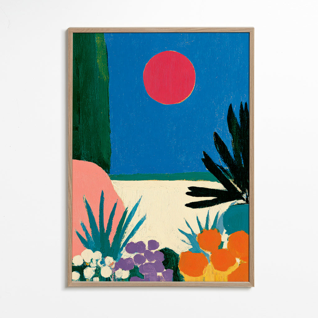 Botanischer Druck mit rotem Mond und stilisiertem Garten