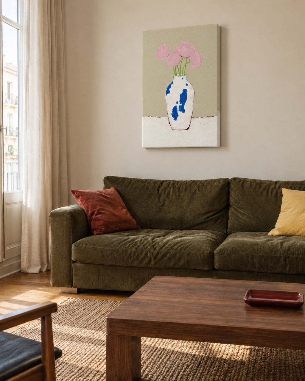Peonies in Blue Vase - Unframed canvas in an interior