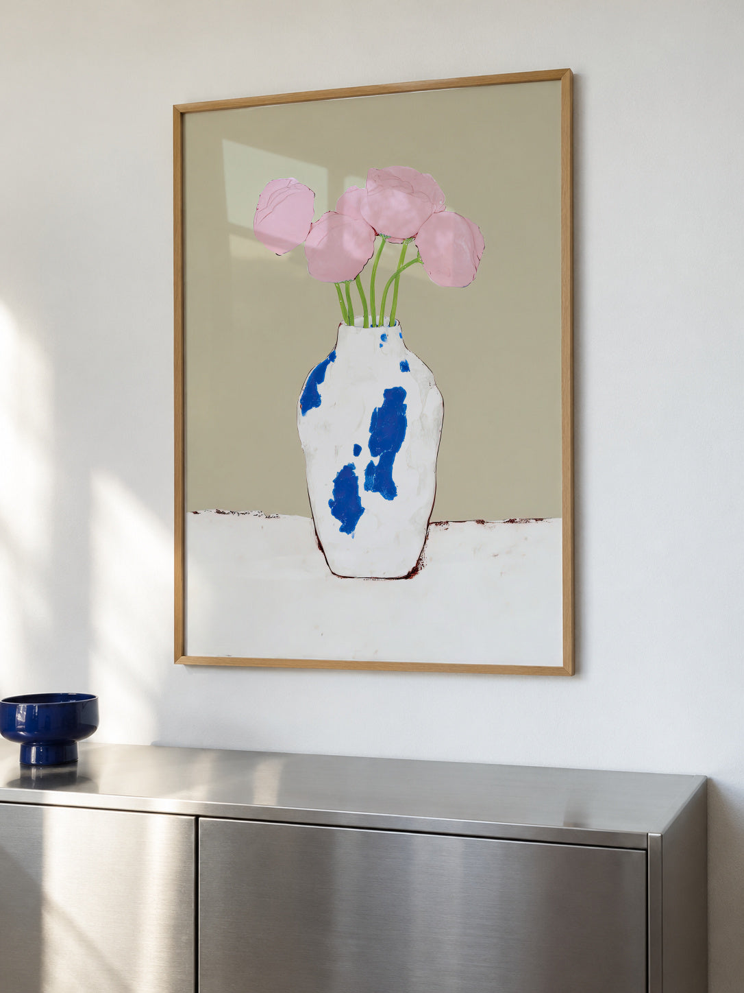 Peonies in Blue Vase - Framed poster in an interior