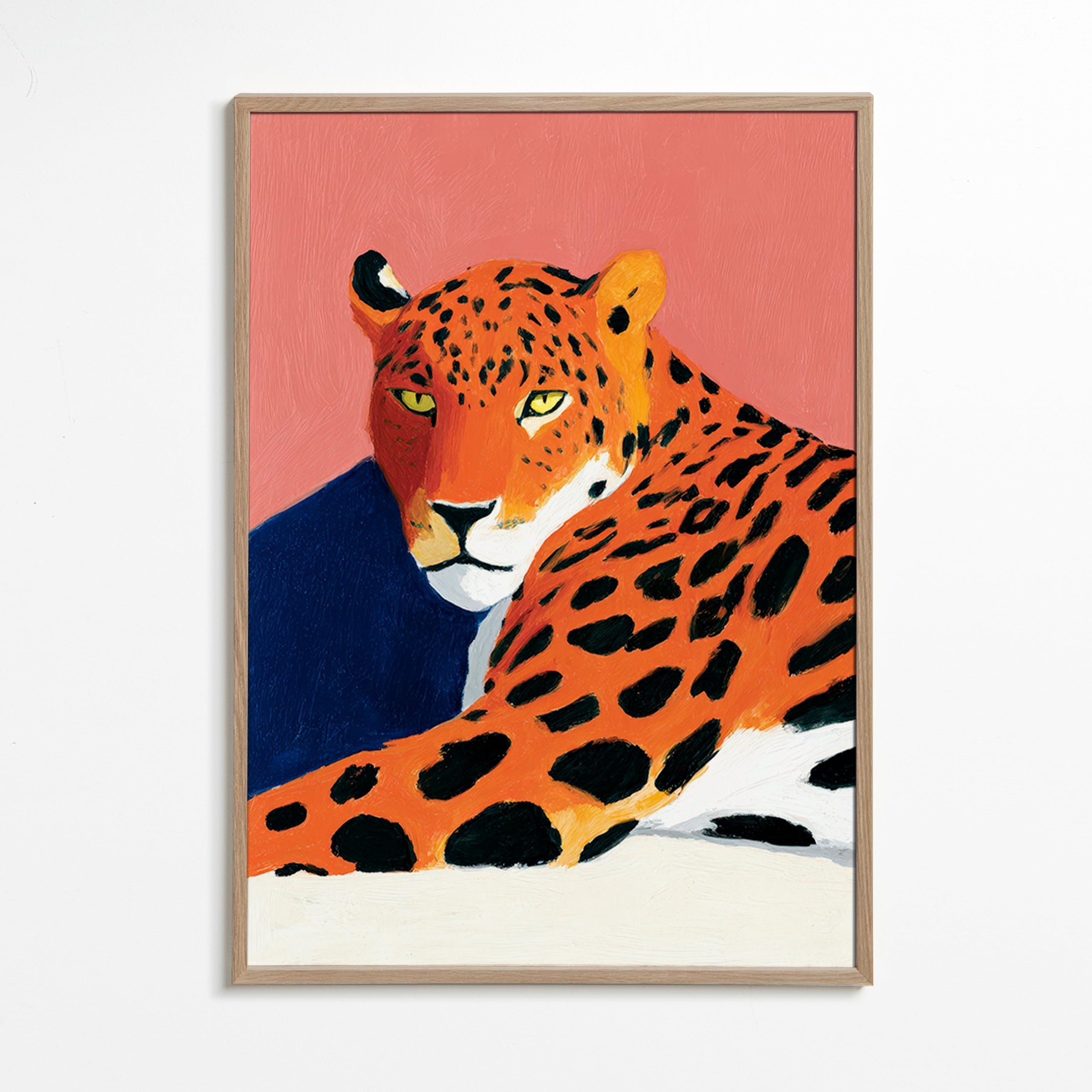 Kunstwerk: Ruhender Leopard vor rosa Hintergrund
