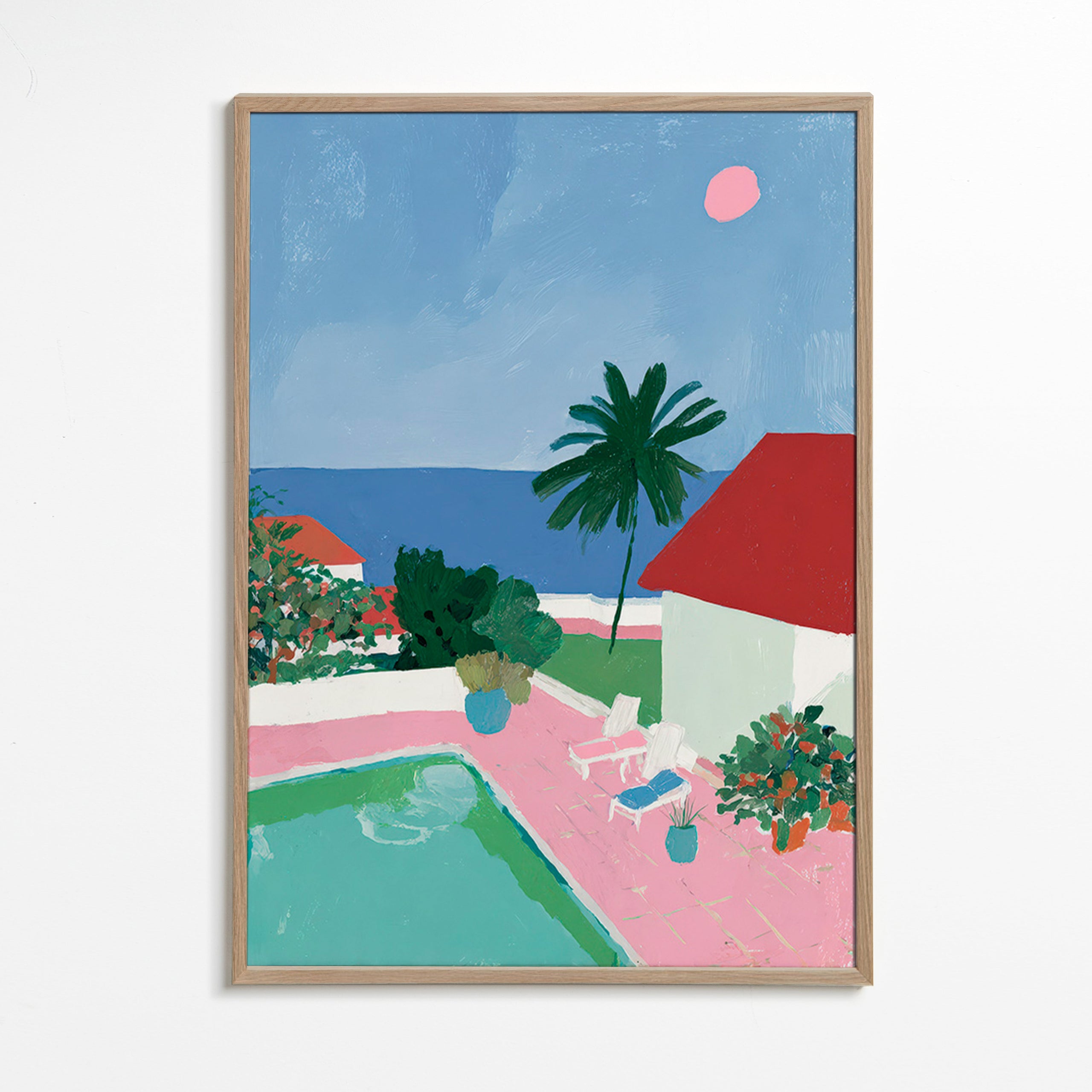Küstenlandschaft mit Pool, Palme und rotem Dach