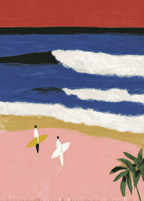 Landschaftsbild mit Surfern und rosa Sand