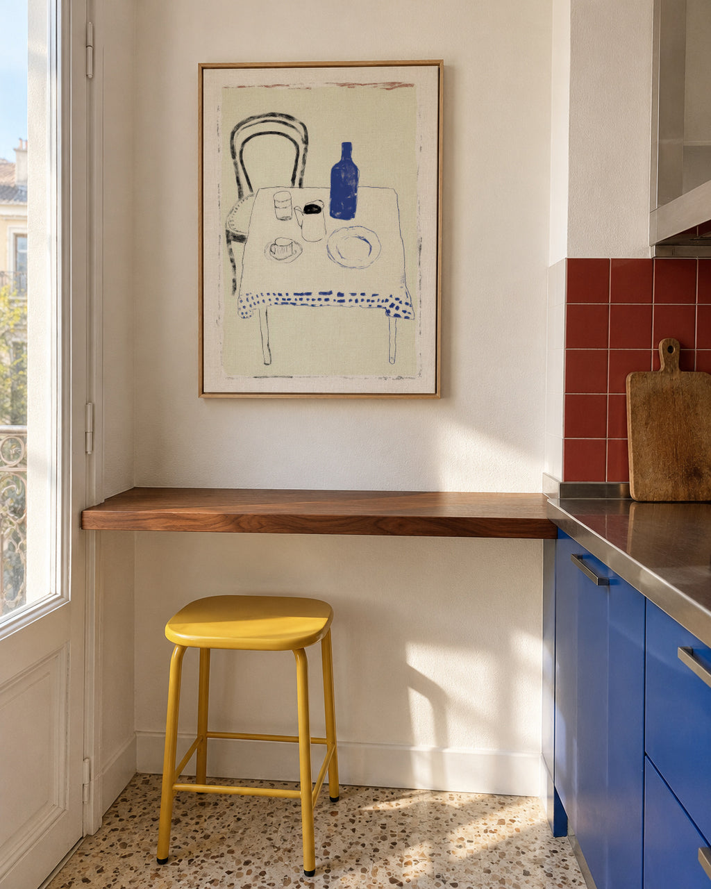 Blue Bottle Table - Framed canvas in an interior