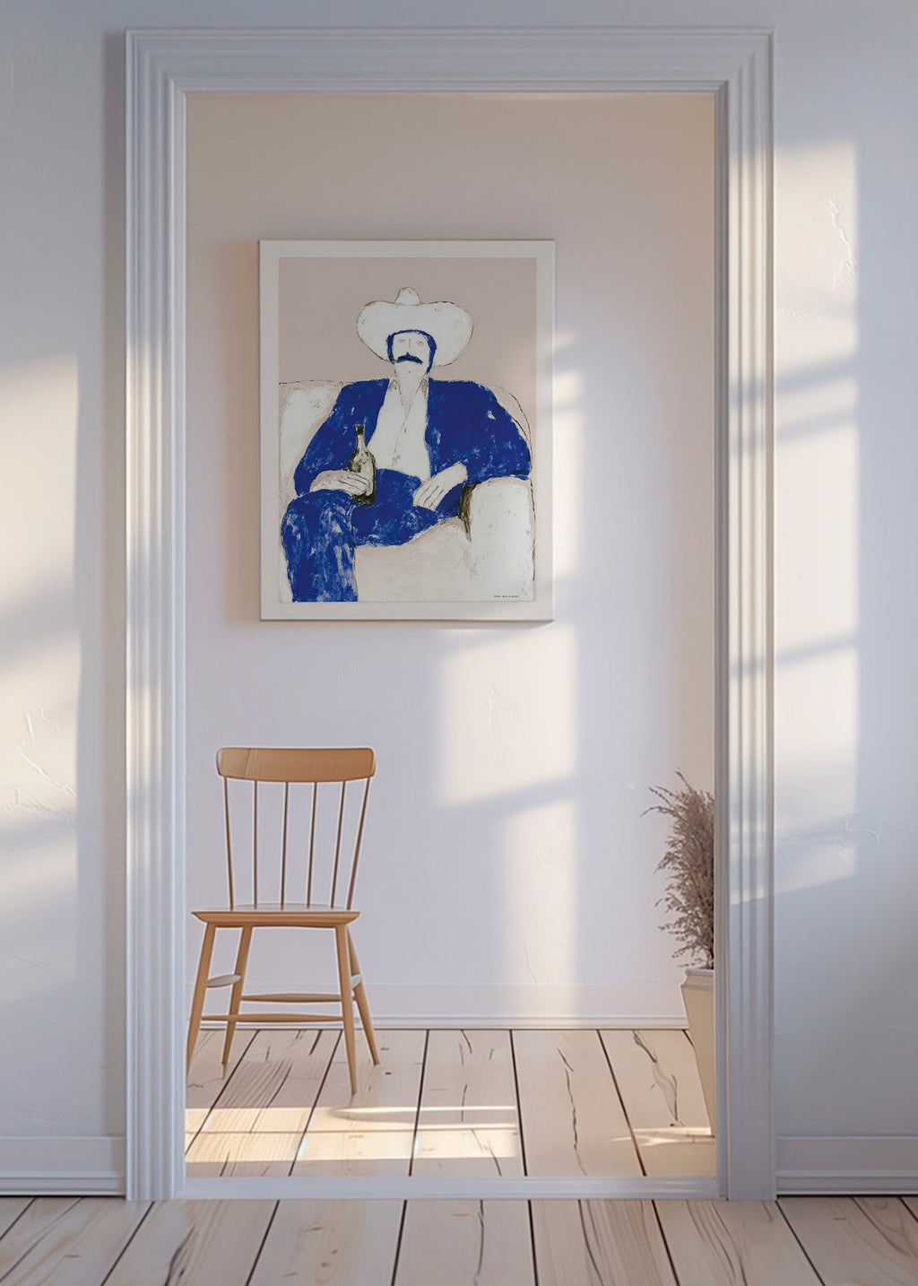 Illustration: sitzender blauer Cowboy