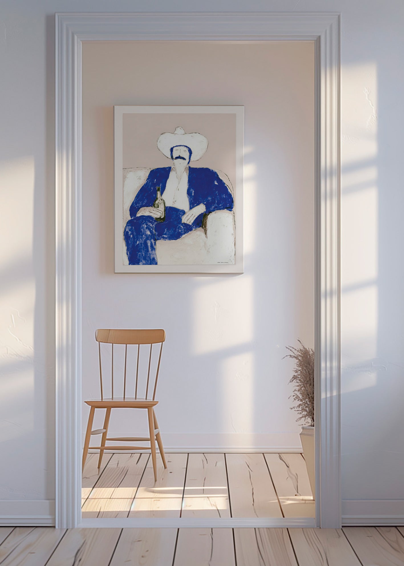 Illustration: sitzender blauer Cowboy