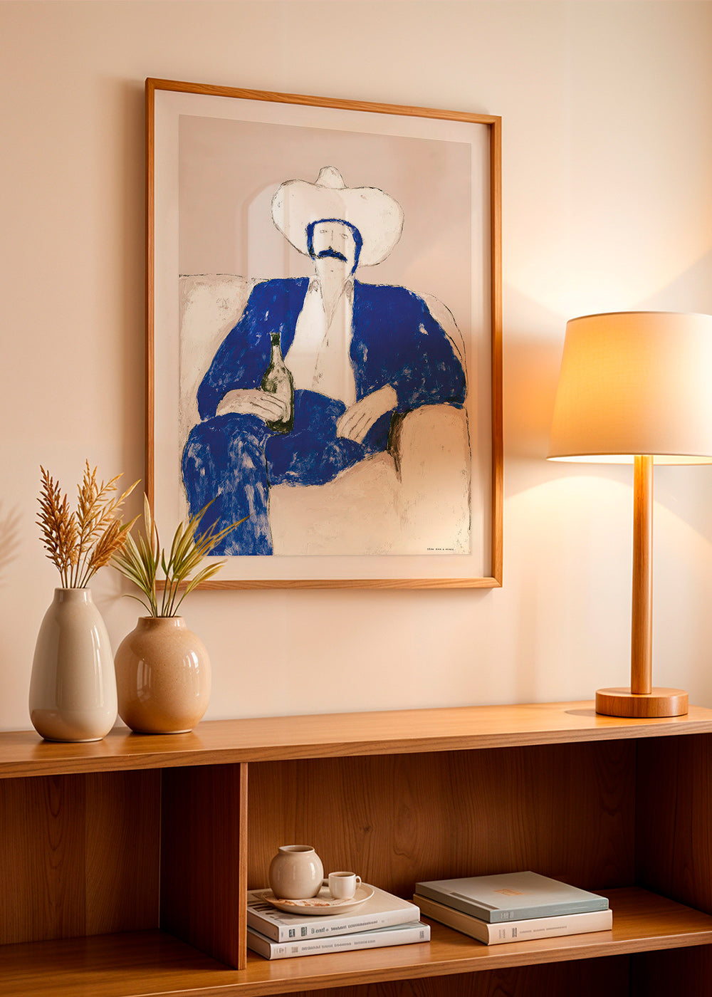 Illustration: sitzender blauer Cowboy
